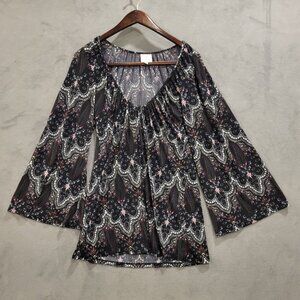 Pink Polkadot Boho Dress Womens‎ Medium Peasant Long Bell Sleeve Tunic Dress